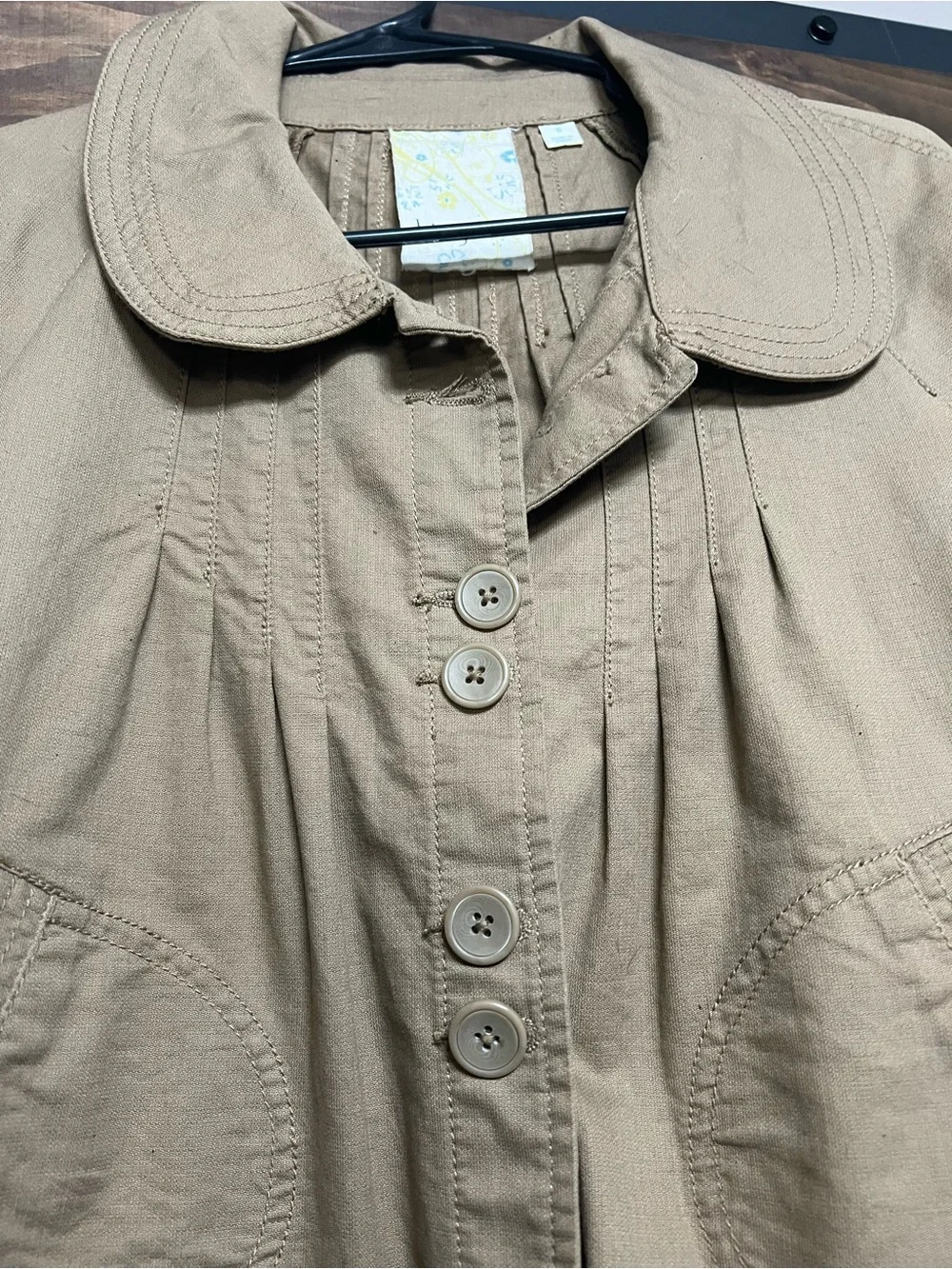 Hinge Nordstrom Khaki Beige Cropped Pleated Jacket 3/4 Sleeve Cotton Blend